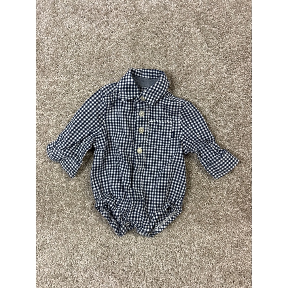 Baby Bgosh Navy Blue White Gingham Long Sleeve Snap Bodysuit 3M